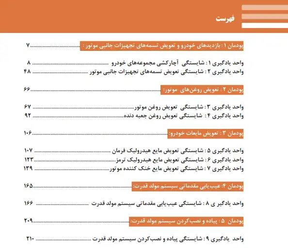 فهرست کتاب سرویس و نگهداری خودرو